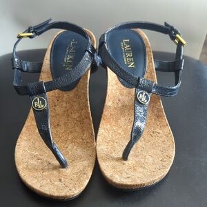 Lauren Ralph Lauren Navy Cork Thong Sandals with Gold RL Accent